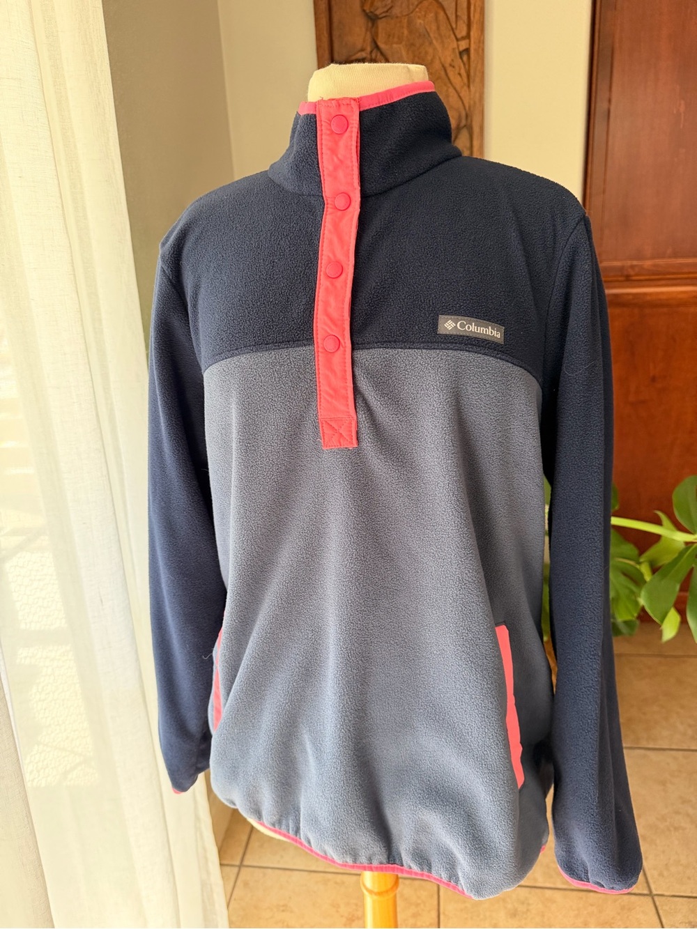 Columbia Snap-T Fleece Pullover Navy Grey Pink women’s XL